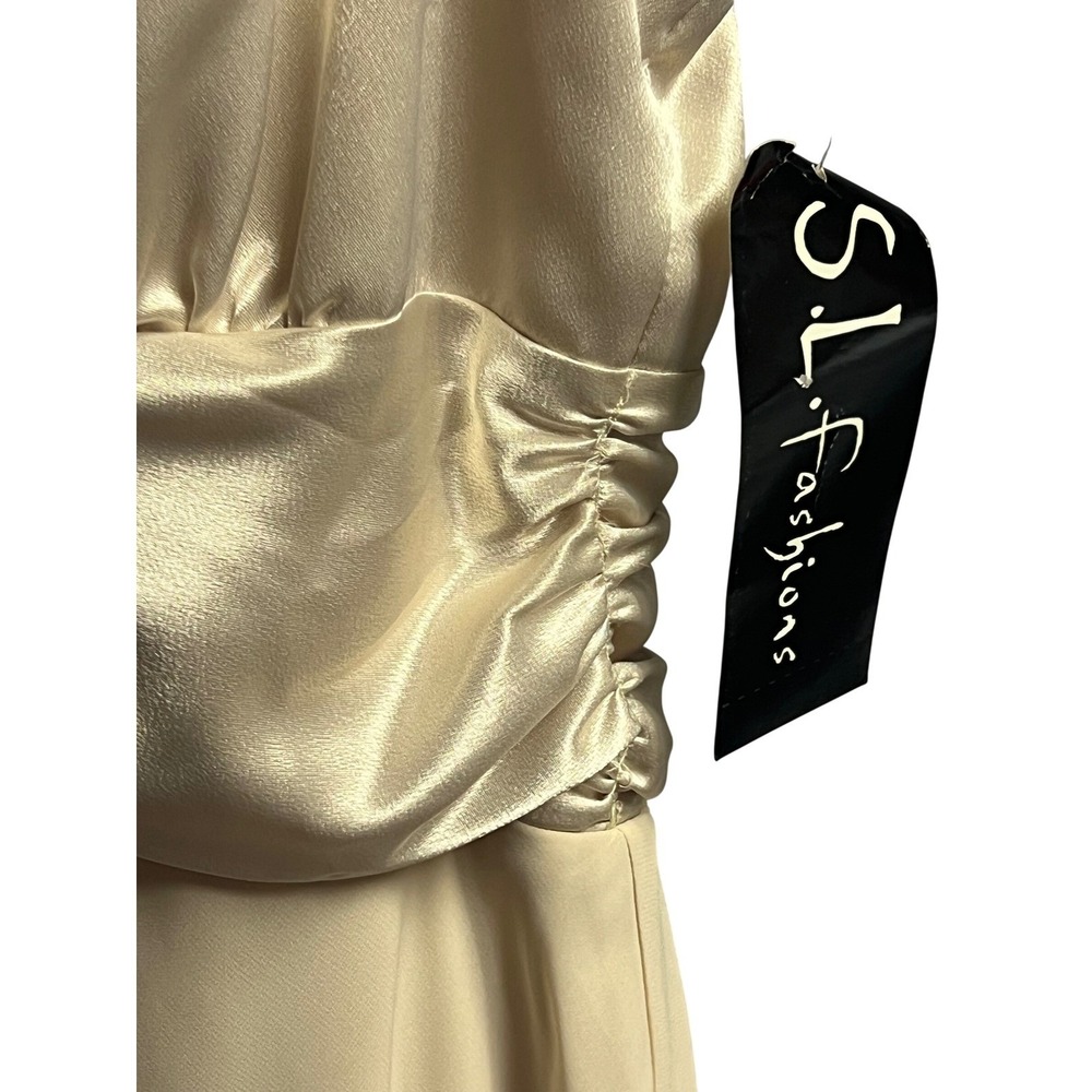 SL Fashions Cocktail Dress Champagne Satin Ruched Embellished V-Neck Size 16 New - Picture 5 of 9
